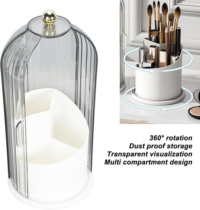 PerGar Makeup Brush Holder, Makeup Brush Holder Organizer, 360 Rotating Clear Dustproof Makeup Brushes Organizer, Makeup Brush Holder Organizer with Lid for Vanity Desktop (White Base