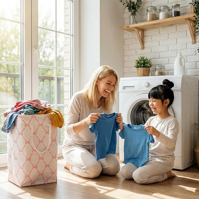 Leinuosen 2 Pcs 80l Large Bow Pink Laundry Hamper Basket with Waterproof Inner Lining, Collapsible Pink Clothes Storage Baskets Bin with Handles for Bedroom, Nursery & Home Organization(Grid)