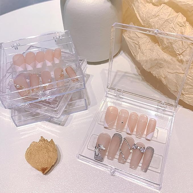 12PCS Press On Nail Packaging Box Clear Press on Nail Storage Box Display Case with 60 Pcs Adhesive Tape for False Fake Nails Organizer Home Nail Salon Use Nail Art Nail Business Supplies