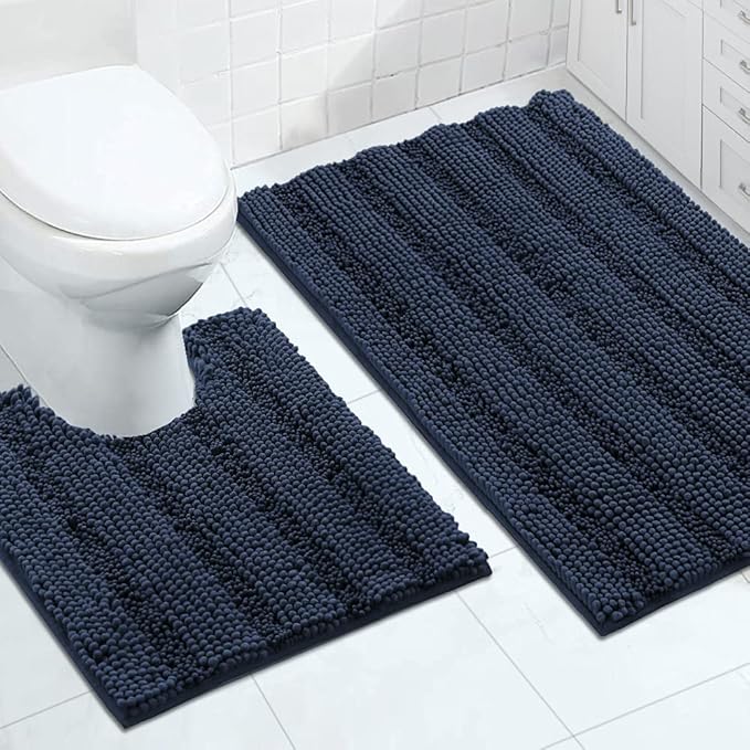 Turquoize Chenille Bathroom Rugs Set Non-Slip Bath Mats for Bathroom Super Absorbent Shaggy Rugs for Tub Shower Toilet Plush Bath Rug Plus U Contour Rug (Oversized: 24" x 36" and 20" x 24" U), Navy