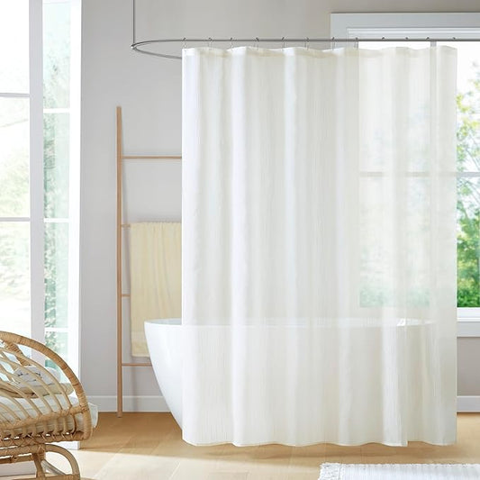 Madison Park Anna Sheers Shower Curtain, Textured Striped Accent Design, Modern Mid-Century Bathroom Decor, Machine Washable, Fabric Privacy Screen 72x84, Ivory