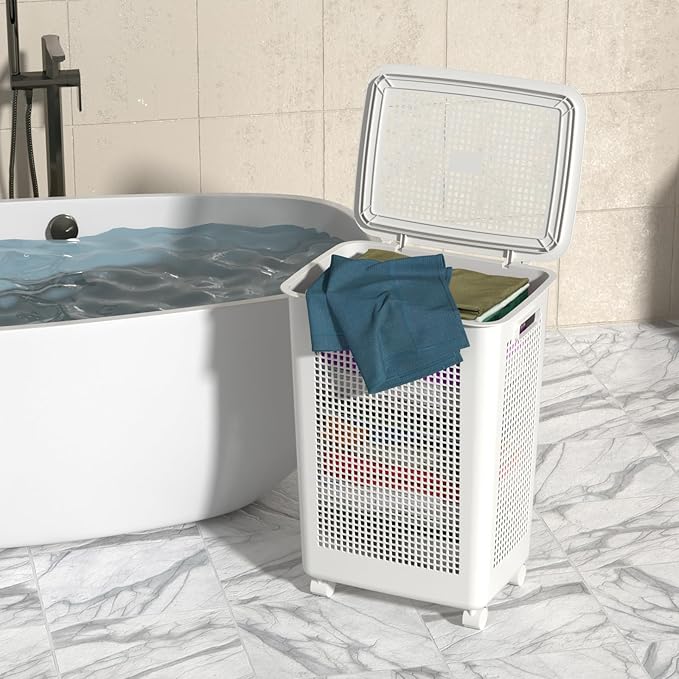 65 L Large Laundry Basket with Lids, Plastic Laundry Hamper with Wheels, 4 Packs