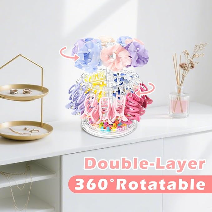 Claw Clip Organizer and Scrunchies Holder Stand, Acrylic Claw Clip Holder Organizer for Women and Girls, Double-Layer, 360-Degree Rotating