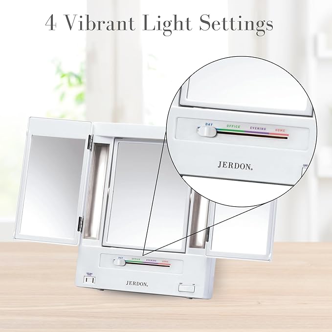 JERDON Tri-Fold Two-Sided Makeup Mirror with Lights - Vanity Mirror with 5X Magnification & Multiple Light Settings - White Base - Model JGL9W