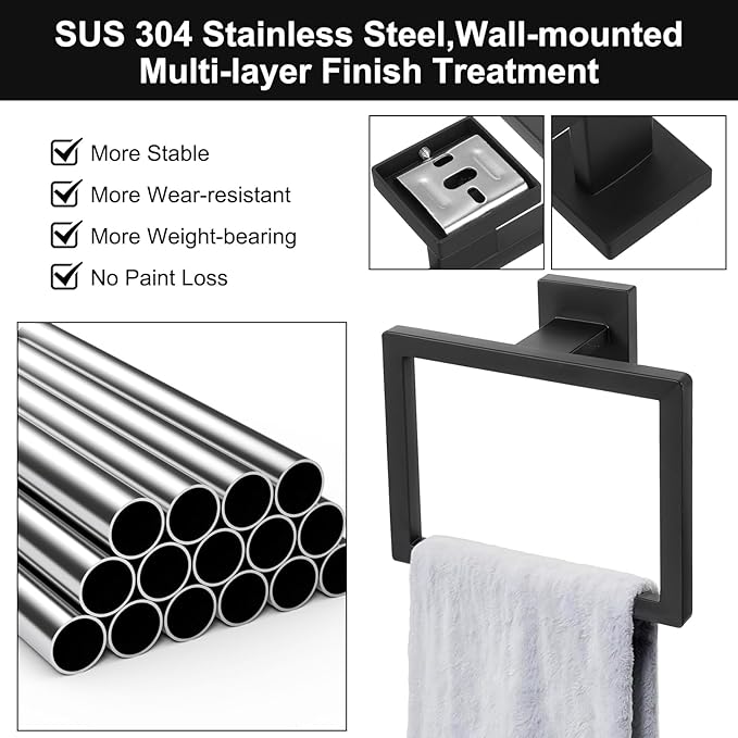 Hand Towel Ring Shower Towel Hanger 2PC Bath Towel Holder Bathroom Lavatory Stainless Steel Wall Mount 2 Pack, Matte Black