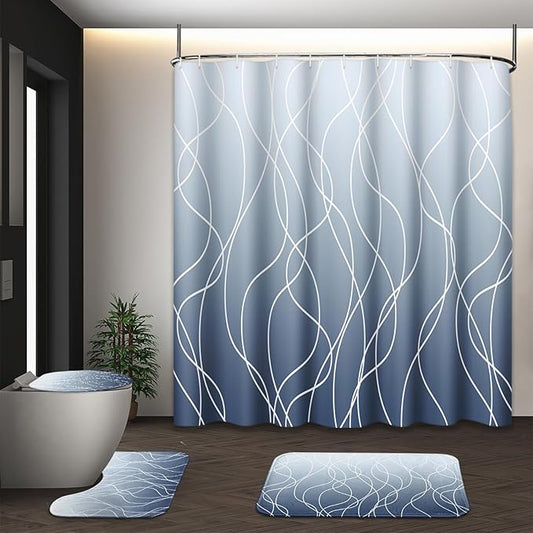 Blue Ombre Shower Curtain Set with Toilet Lid Cover and Non-Slip Rugs, White Striped Wavy Lines 4 Pcs Shower Curtain for Bathroom, Modern Simple Abstract Bathroom Decor