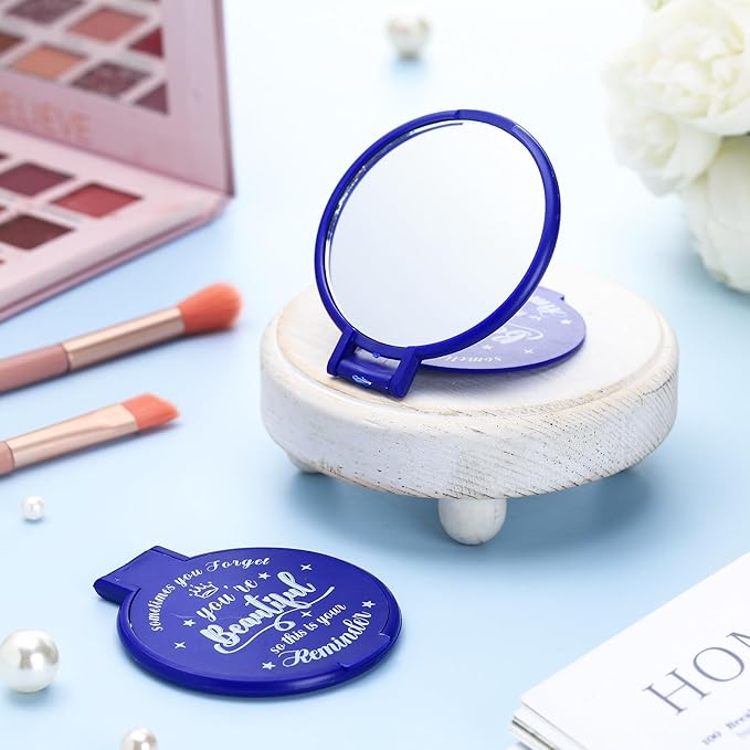 36 Pcs 2.76 Inch Inspirational Compact Mirror Bulk Women Small Gifts Graduation Party Favors Purse Mirror Pocket Mini Stuffer Items for Adult Coworker Cheerleader Employee (Blue)