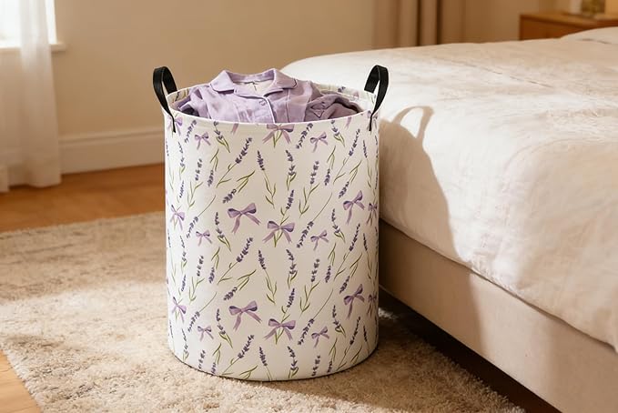 Kids Laundry Basket Flower Hamper for Nursery Girls Hamper Cute Kids Storage Bin Organizer Room Decor for Home(Purple flowers)
