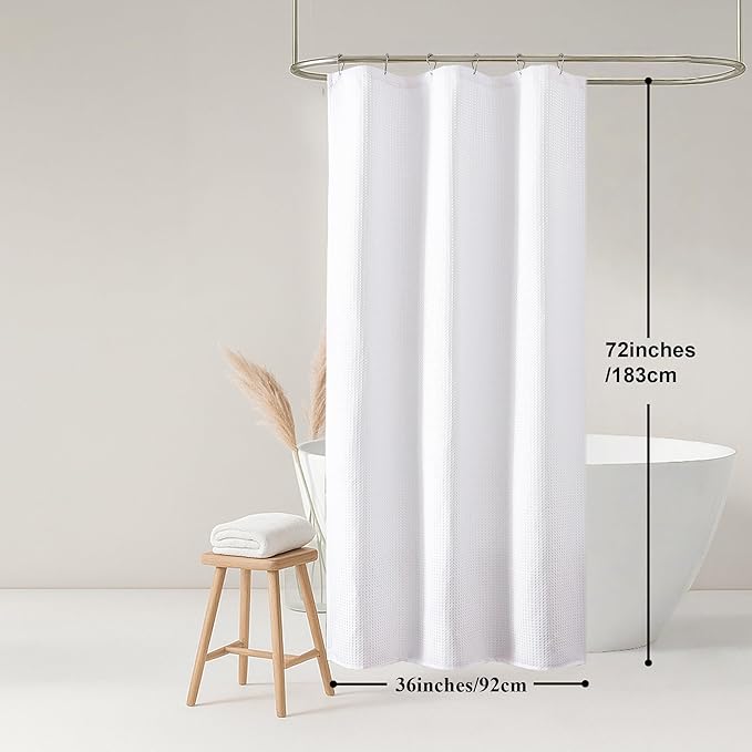OWENIE White Shower Curtain, Stall Small Waffle Weave Heavy Fabric Shower Curtains for Narrow Size Bathroom, Waterproof Soft Hotel Spa Luxury Bath Curtain Set, Machine Washable, White, 36x72 Inch
