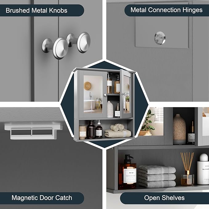 DL-win Medicine Cabinets with Mirror, Wall Mounted Bathroom Cabinet with Adjustable Shelves, Grey Storage Organizer for Toiletries, Towels & Daily Essentials