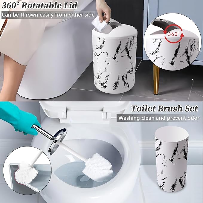 XLHOMO White Marble Bathroom Accessories Set, White Bathroom Set with Trash Can, Vanity Tray, Soap Dispenser, Soap Dish, Toothbrush Holder, Toothbrush Cup, Toilet Brush and Qtip Holders for Bathroom