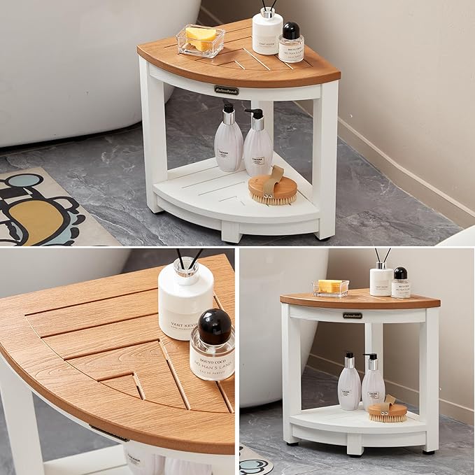 KaimuBench HDPS Corner Shower Stool for Shaving Leg, Waterproof Shower Bench Seat for Inside Shower, Poly Lumber Plastic Bath Shower Chair Seat, White+Brown, Weight Capacity 500LBS
