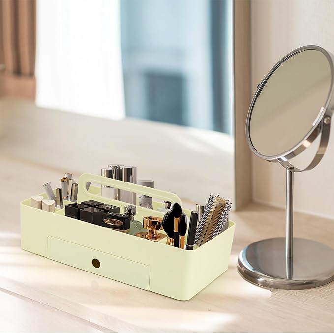 Multipurpose Caddy Organizer with Handle -8 Compartments and 1 small drawer - Art Craft Supplies, Office, Desk, Stationery Pen Holder, Makeup, Bathroom, Shower, Cleaning, Dorm Organizer - Green