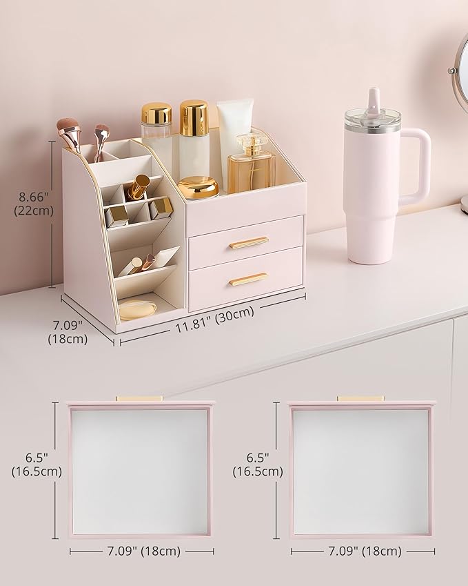 Lolalet Makeup Organizer with Drawers, PU Leather Spacious Skincare Holder Lipsticks Perfume Brushes Beauty Essentials Display Case for Vanity Dresser Countertop Bathroom Easy to Clean -Pink