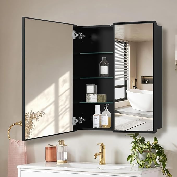 Medicine Cabinet with Aluminum Framed Mirror,36"x32" Surface Mount or Recessed Mount Bathroom Vanity Mirror,Single Door Bathroom Mirror with Storage Cabinet
