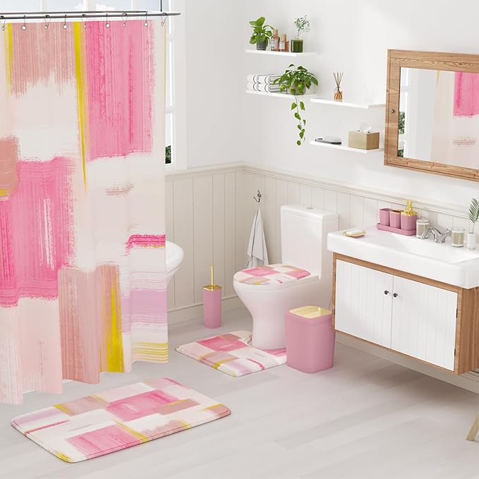 XLHOMO Bathroom Accessories Set - 25PC Bathroom Set with Shower Curtain and Rugs, Pink Bathroom Set, Bathroom Accessory Set with Press-on Lid Trash Can, Soap Dispenser and Qtip Holders