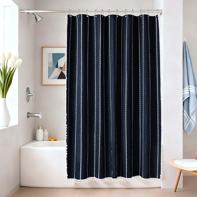 72 x 76 inch Extra Long Boho Chic Shower Curtain Heavyweight with Tassels, Navy Linen Textured Fabric Farmhouse Shower Curtain, Elegant White Striped Bathroom Curtain Water Repellent