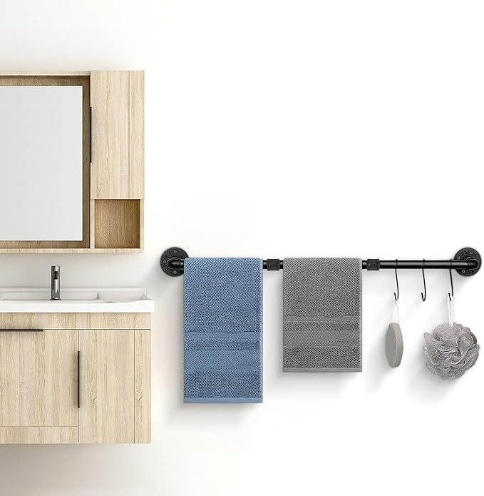 Industrial Pipe Towel Rack Towel Bar, Heavy Duty Wall Mounted Rustic Farmhouse Bath Towel Holder for Bathroom (Black, 42 inch)