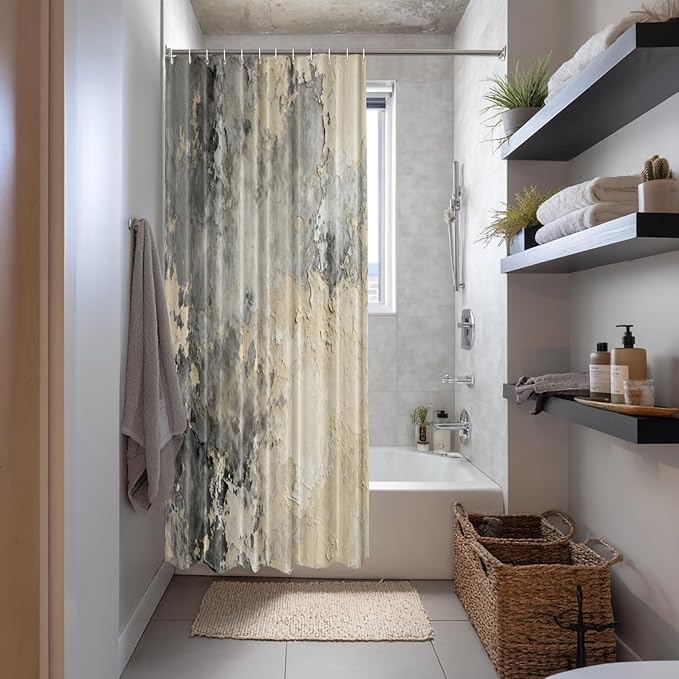 Shrahala Taupe Squares Texture Decorative Shower Curtain, Grey and Beige Art Painting Bathroom Décor Polyester Fiber Waterproof with Plastic Rings for Shower Stall Bathtubs 72 X 36 in