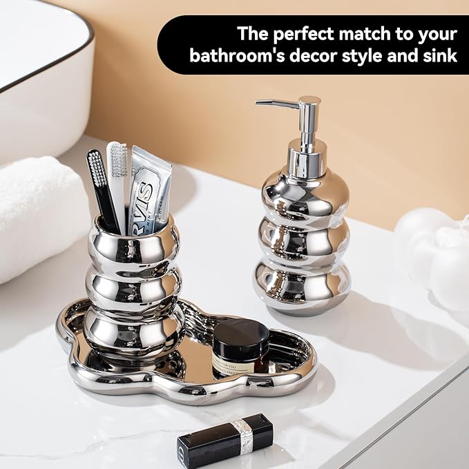 Silver Bathroom Accessory Set, 3-Piece Ceramic Bath Accessories Set with Tray, Lotion Dispenser, and Tumbler