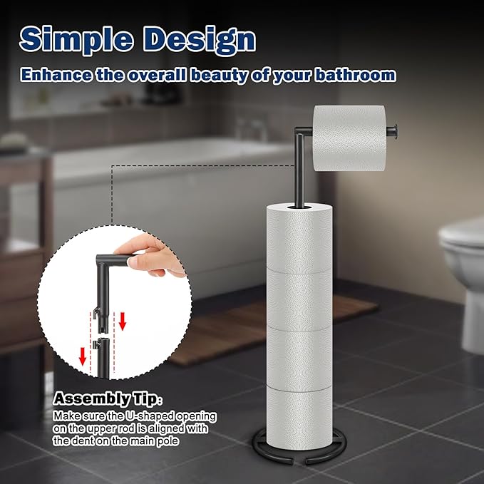 NearMoon Bath Toilet Paper Holder Stand- Modern Tissue Roll Holder Standing with Balanced Base, Rustproof Toilet Roll Holder for Bathroom/Kitchen Countertop (Matte Black, Metal Base)