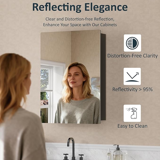24x30 Inch Medicine Cabinet with Mirror, Recessed or Surface Mounted Bathroom Cabinets for Storage, 2 Fully Adjustable Tempered Glass Shelves, Soft-close DTC Hinges, HD Reflection Mirror Door, Black