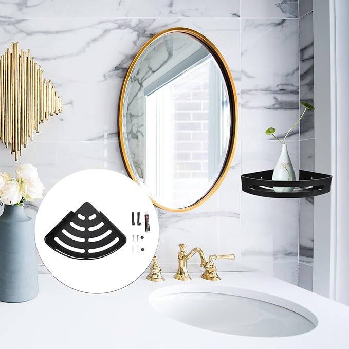 Hemobllo Nail-Free Wall-Mounted Triangle Storage Rack with Hooks, Space Aluminum Bathroom Shelf, Black Matte Finish, Suitable for Kitchen and Household Organization