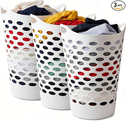 3 Pack Round Tall Plastic Laundry Basket with Handles, Lightweight & Flexible, 2.2 Bushels Large Capacity, Easy to Clean, Space Saving Laundry Hamper for Bedroom, Dorm, Bathroom, White