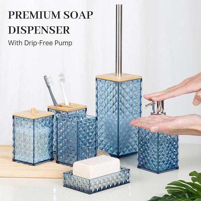 Bathroom Accessory Set, Grid Pattern 6 Pcs Plastic Bathroom Set Include Qtip Holder Dispenser, Toilet Bursh, Soap Dispenser, Soap Dish, Toothbrush Holder, Mousewash Cup(Dark Blue)