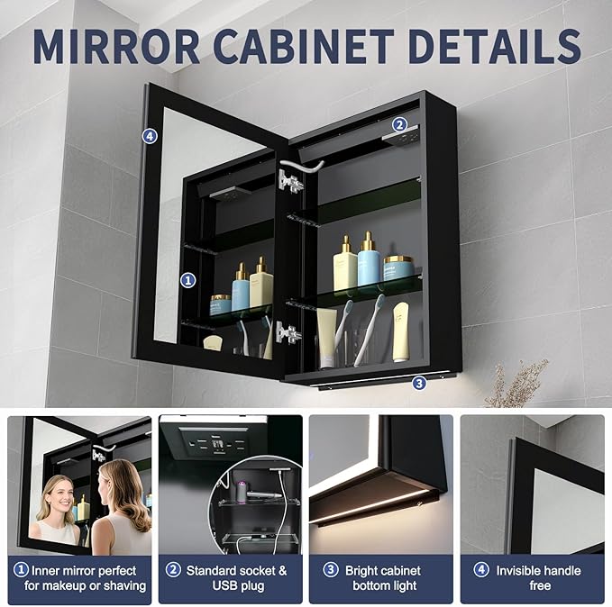 Lighted Medicine Cabinet with Mirror, 20 x 28 inch LED Bathroom Mirror Cabinet with Anti-Fog, Dimmable 3 Colors Front & Bottom Light, Buit-in Sockets & USBs (Left Hinge)