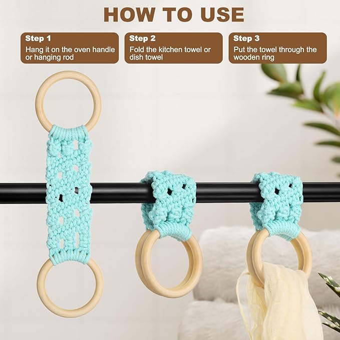 uxcell 2Pcs Kitchen Dish Towel Holder, 11"x3" Crochet Towel Ring with Hanging Loop for Cabinet House Oven Stove Door, Army Green