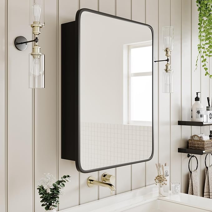 AGDULL Vintage-Style Bathroom Wood Black Cabinet with 16.5''x24'' Black Metal Frame Curved Mirror, Recessed Medicine Cabinet, in Wall or Surface Mount Bathroom Storage Cabinet