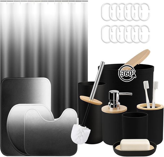 Ombre Grey Black Bathroom Decor and Accessories Set, Shower Curtain and Rug Set with Trash Can, Soap Dispenser, Soap Dish, Toothbrush Holder, Toothbrush Cup, Toilet Brush