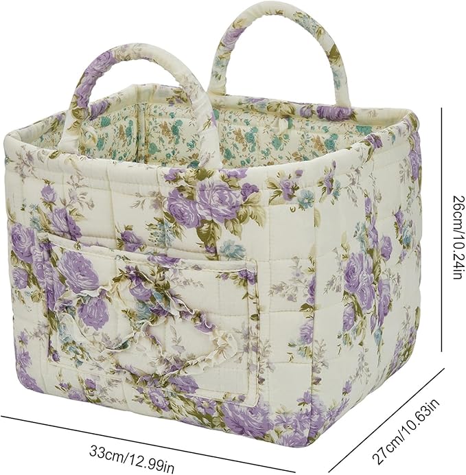 Quilted Laundry Basket with Handles, Aesthetic Collapsible Fabric Storage Basket for Clothes, Diapers & Toys - Multi-Purpose Boho Organizer Tote for Car, Home & Picnic (D)