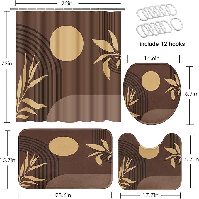 Boho Mid Century Shower Curtain Set with Toilet Lid Cover and Non-Slip Rugs, Abstract Geometric Brown Background 4 Pcs Modern Minimalist Vintage Shower Curtain for Bathroom Set with 12 Hooks