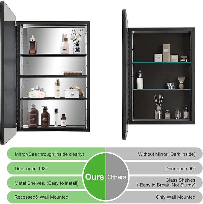 Black Bathroom Medicine Cabinet with Mirror 21 x 34 Metal Frame Recessed Or Wall Mounted Single Door Storage Medicine Cabinets with Adjustable Shelves Rounded Corner Beveled Mirrors