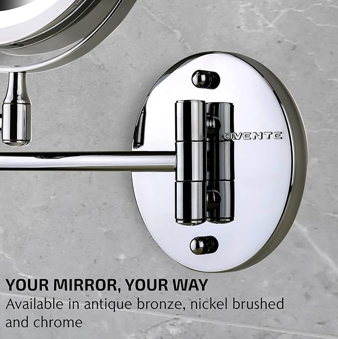 OVENTE 6.8" Lighted Wall Mount Makeup Mirror, 1X & 7X Magnifier, Adjustable Double Sided Round LED, Extend, Retractable & Folding Arm, Compact & Cordless, Battery Powered Polished Chrome MFW70CH1X7X