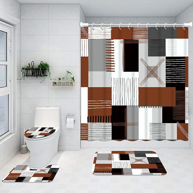 Shower Curtain Sets Brown Bathroom Sets with Shower Curtains and Rugs Modern Home Bathroom D??cor Accessories,Grey and White Shower Curtains Waterproof with Non-Slip Rugs Toilet Lid Cover and Bath Mat