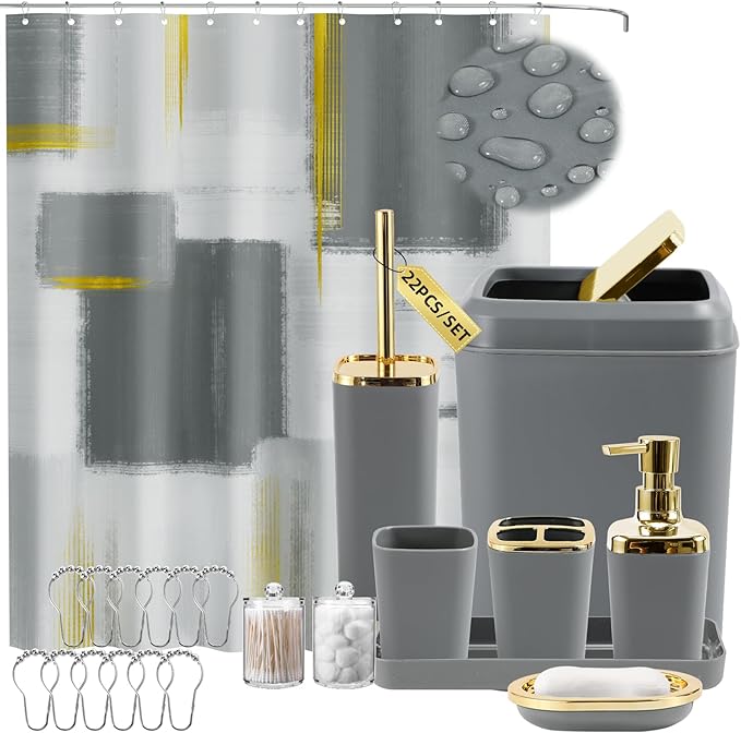XLHOMO Grey Bathroom Accessories Set, Bathroom Sets with Shower Curtain, Grey Bathroom Accessories with Trash Can, Soap Dispenser, Soap Dish, Toilet Brush Holder, Qtip Holders for Bathroom