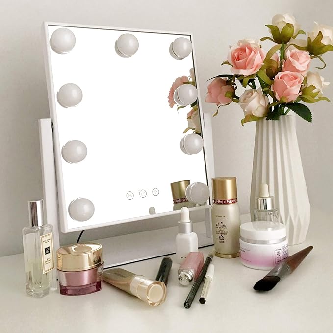 Lights Vanity Mirror, 14.5" L x 12" W LED Makeup Mirror with 9 LED Lights,3 Modes Light Modes&Touch Control Dimmable Tabletop Makeup Mirror,Detachable 10X Magnification,360°Rotation (White)