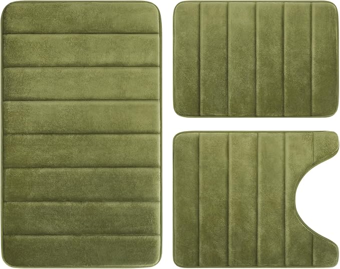 BYSURE Sage Green Memory Foam Bathroom Rug Set 3 Piece, Non Slip Extra Soft Absorbent Machine Washable Toilet Bath Toilet Mat (17"x24"+20"x32"+U Shape 20"x24")