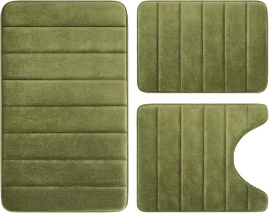 BYSURE Sage Green Memory Foam Bathroom Rug Set 3 Piece, Non Slip Extra Soft Absorbent Machine Washable Toilet Bath Toilet Mat (17"x24"+20"x32"+U Shape 20"x24")