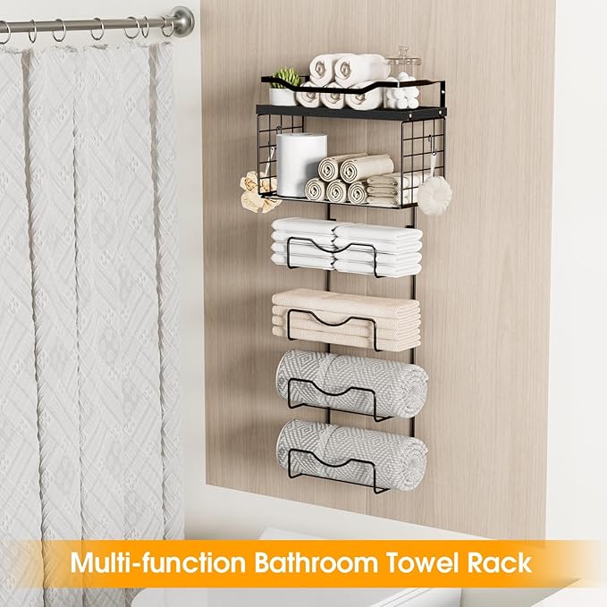 Towel Racks for Bathroom,Towel Rack Wall Mounted, 6 Tier Rolled Or Folded Towel Holder with Floating Shelves, Bathroom Towel Holder for Bath, Hand Towels,Metal and Wood,Full Black