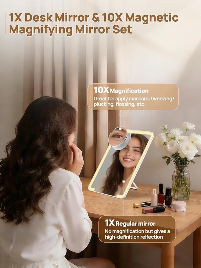 OMIRO Lighted Makeup Mirror with 10X Magnifying Mirror, 8 x 5 inches Desk Mirror with Adjustable Stand and 3 Lighting Modes for Shaving and Travelling, White