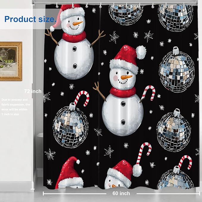 Shrahala Christmas Snowman Decorative Shower Curtain, Silver Disco Mirror Ball Bathroom Décor Polyester Fiber Waterproof with Plastic Rings for Shower Stall Bathtubs 72 x 60 in