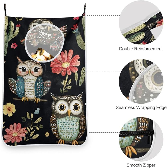Black Owls Cactus Butterfly Hanging Laundry Hamper Door Hampers Bag Basket with Stainless Steel Hooks Oxford Fabric Printing Decorative Clothes Bags 29.5X20inch 1Pack