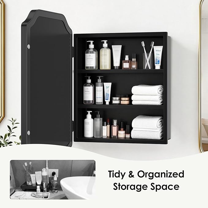 SogesHome Recessed Bathroom Mirror Medicine Cabinet with Storage, 15.7 x 23.6 Inch Wall Mounted Modern Octagon Vanity Organizer with Shelves, Space-Saving Elegant Bathroom Storage, Black