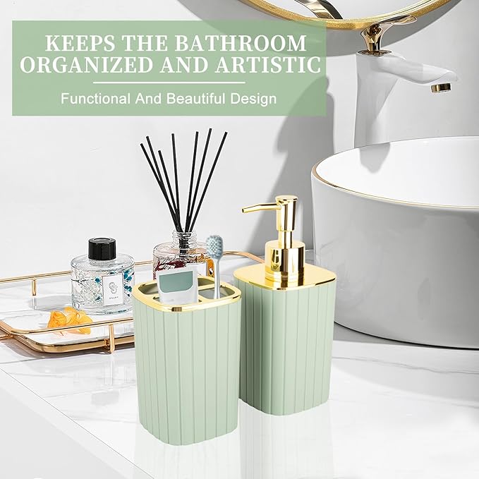 2PCS Bathroom Accessories Set, Sage Green Bathroom Accessories, Bathroom Soap Dispenser and Toothbrush Holder Set for Bohemian Bathroom Decor