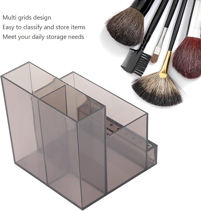 Sonew Brush Holder, Acrylic Black Clear Makeup Brush Storage Box, Cosmetics Organizer with 6 Compartments, Desk Storage Container for Skin Care Products
