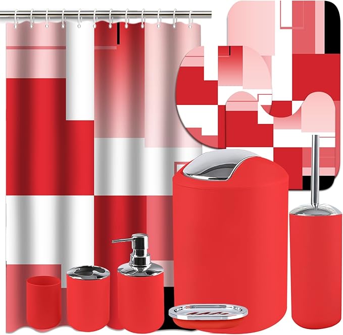 Lnond Red Bathroom Set, 22-Piece Red Geometry Bathroom Decor Set with with Shower Curtain and Rugs, Trash Can, Toilet Brush Holder Set & Soap Dispenser